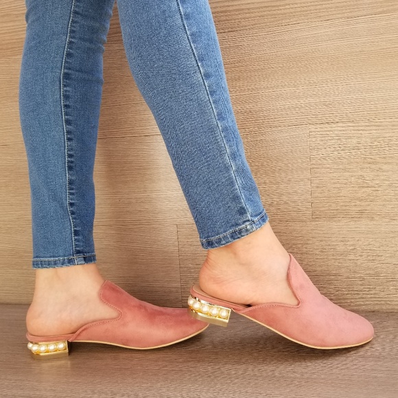 Shoes - Suede Slip On Loafer Mule Pearl Accents on Heel-A